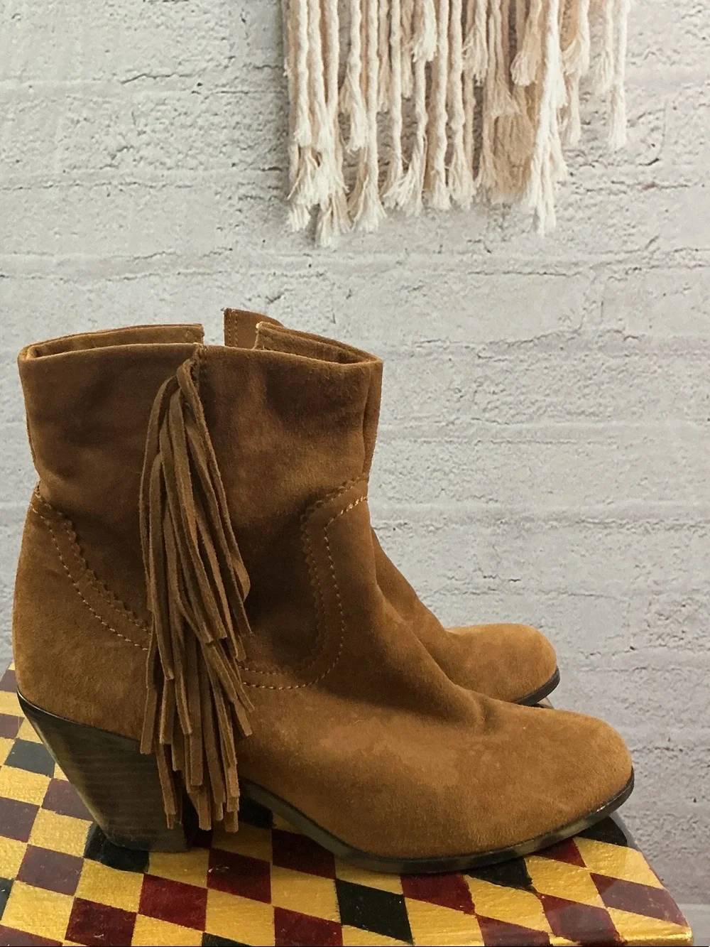 Sam Edelman Suede Fringe Ankle Boots in Cognac Brown